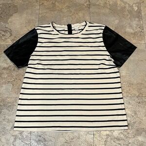 J.Crew Women's L Black White Cotton Striped Top Faux Leather Sleeves (G107)